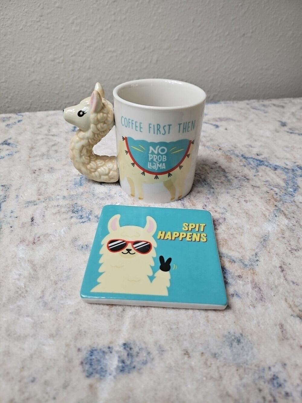 No Probllama Coffee Tea Mug Cup and Coaster Set Llama Handle NEW